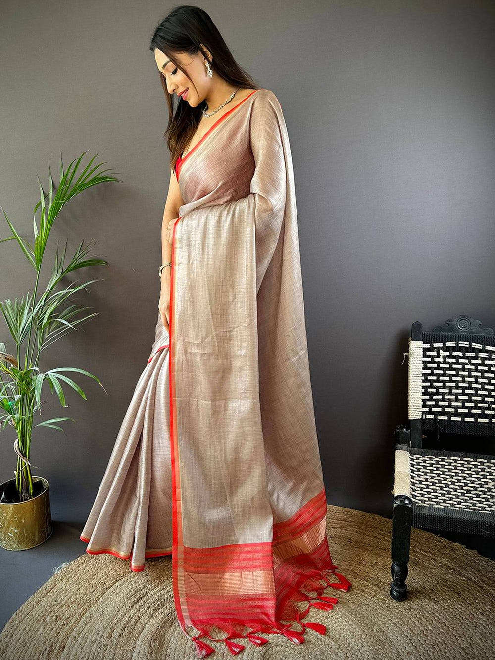 Radiant Ember Satin Tissue Saree