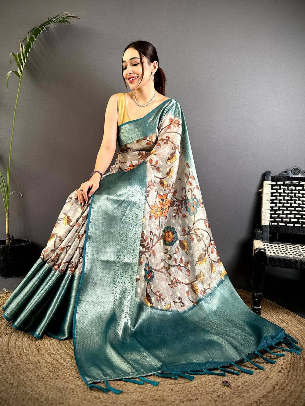 Bloom Kota Doriya Kalamkari Printed Saree