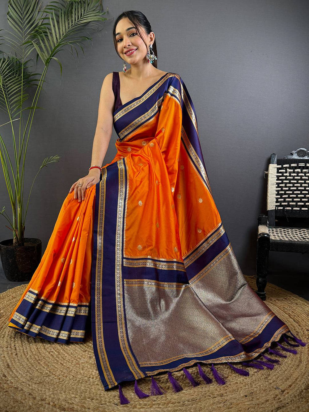 Orange Soft Silk Floral Butta Saree
