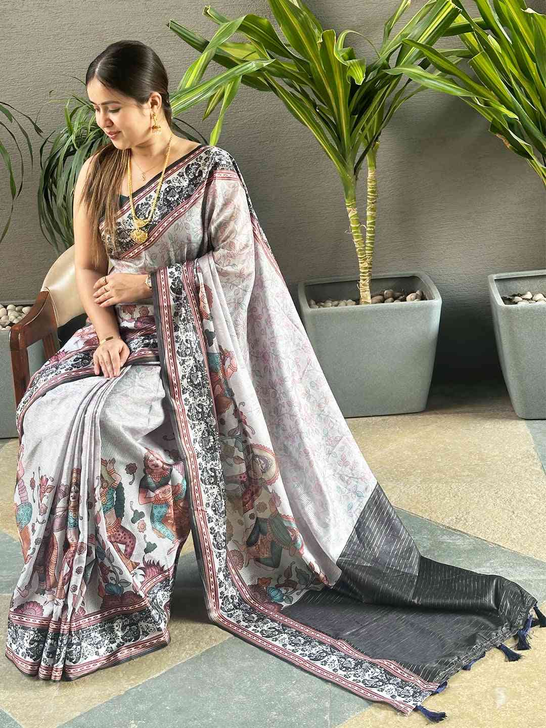 Grey Colour Satin Kota Doria Digital Kalamkari Zari Pallu