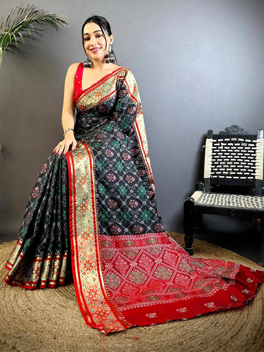Black Pochampally Patola Soft Silk Saree