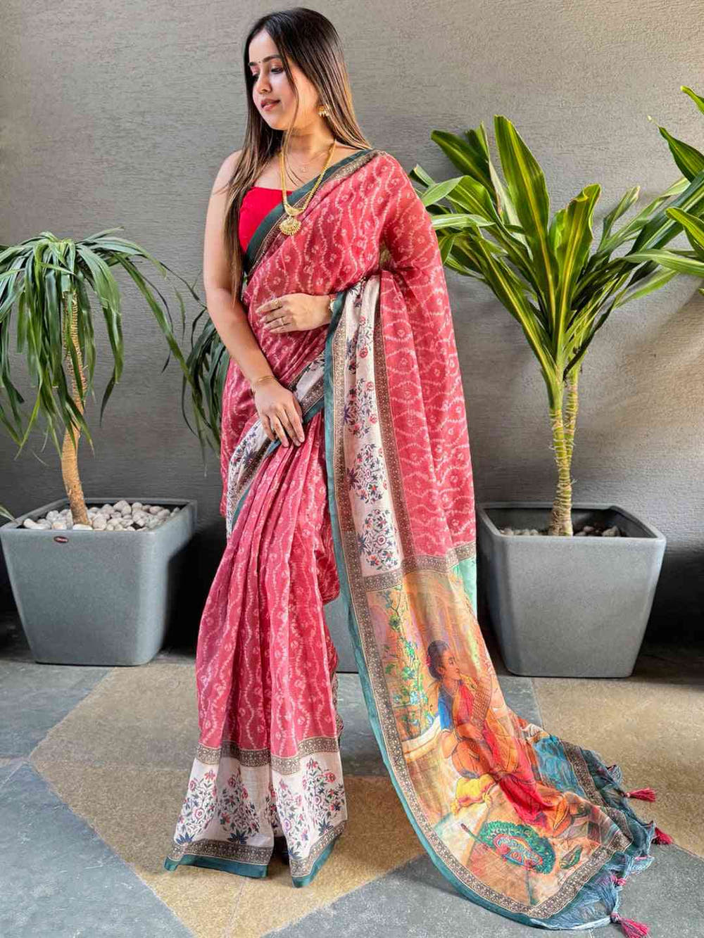 Gajari Colour Ikkat Print Saree With kalamkari Block Print Design