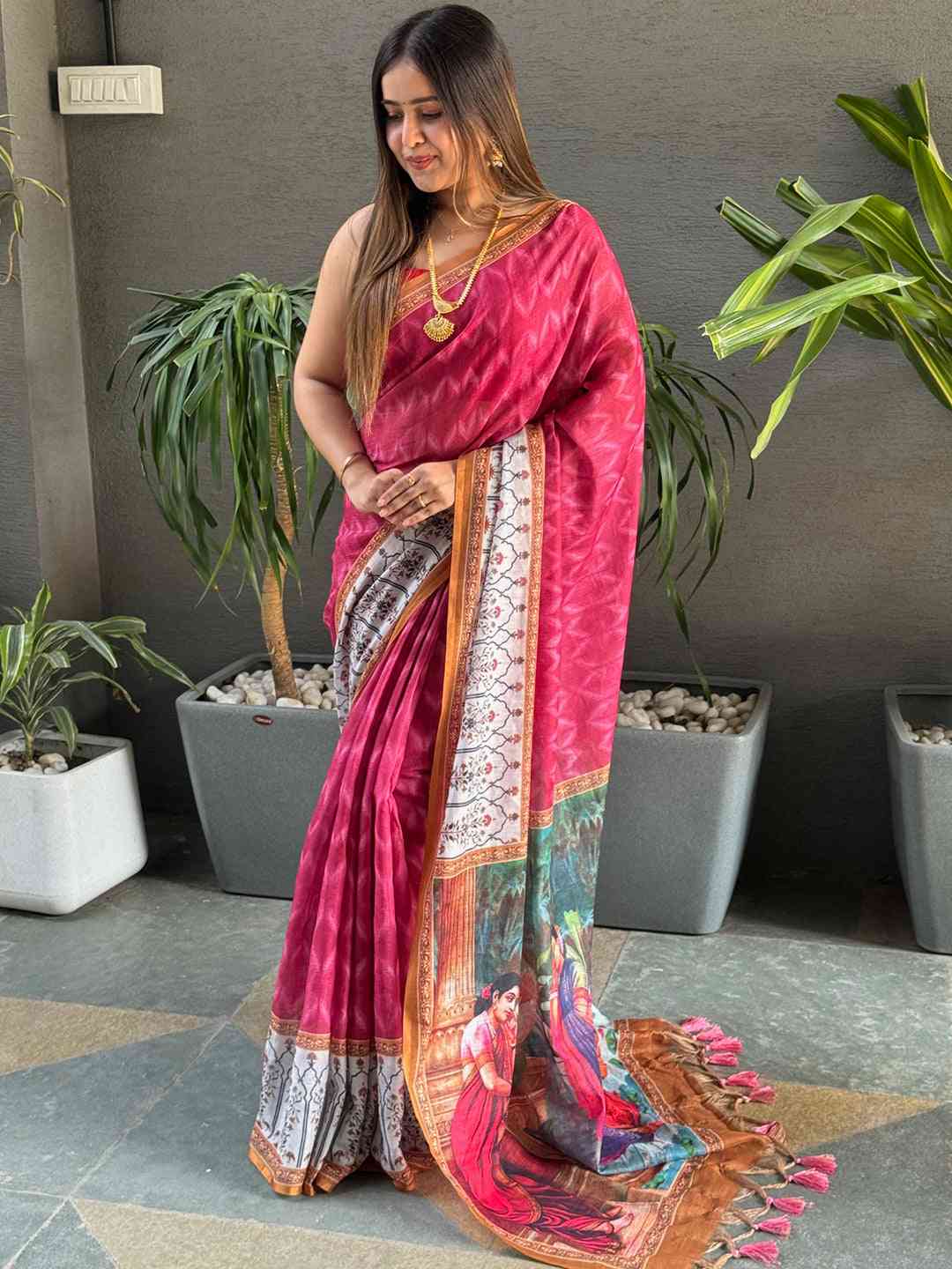 Rani Colour Ikkat Print Saree With kalamkari Block Print Design