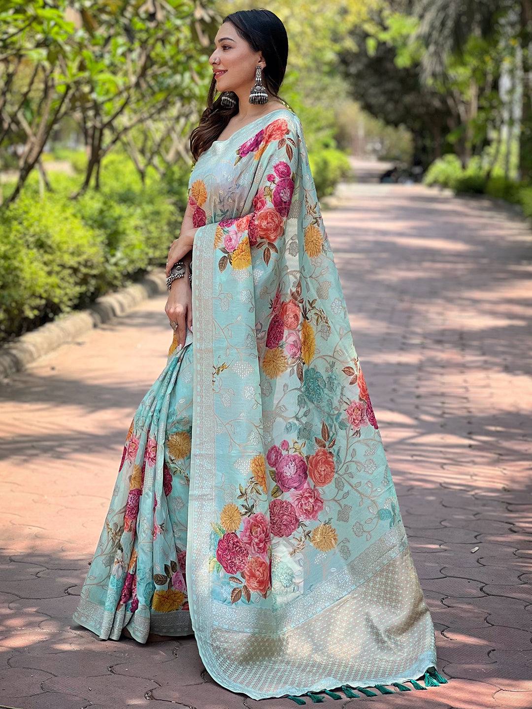 Light Green Lakhnavi Bandla Zari Weaving Saree