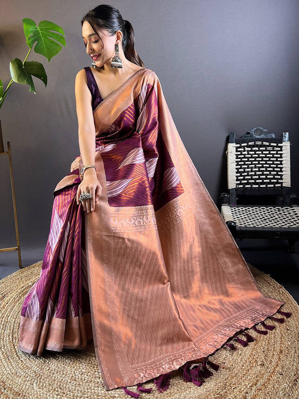 Cherry Tussar Silk Zari Weaving Ikkat Saree