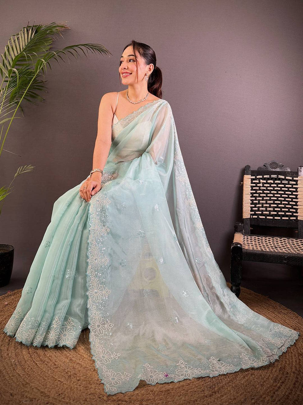 Sky Blue Art Silk Sequence Work Saree