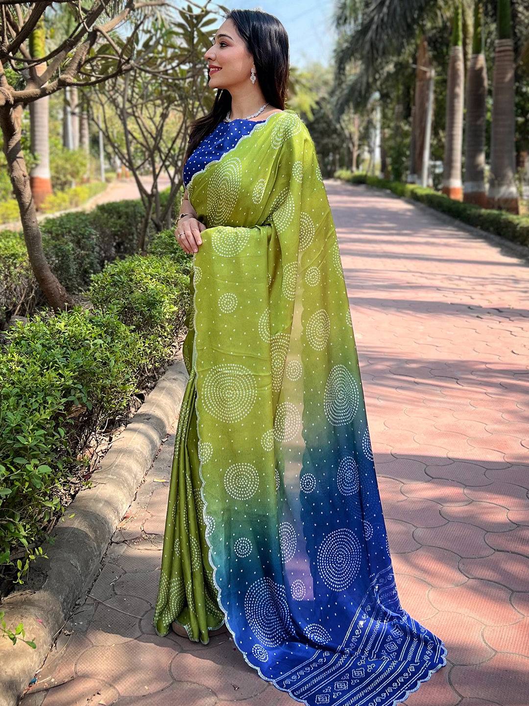 Lime Ombre Bandhej Georgette Silk Saree