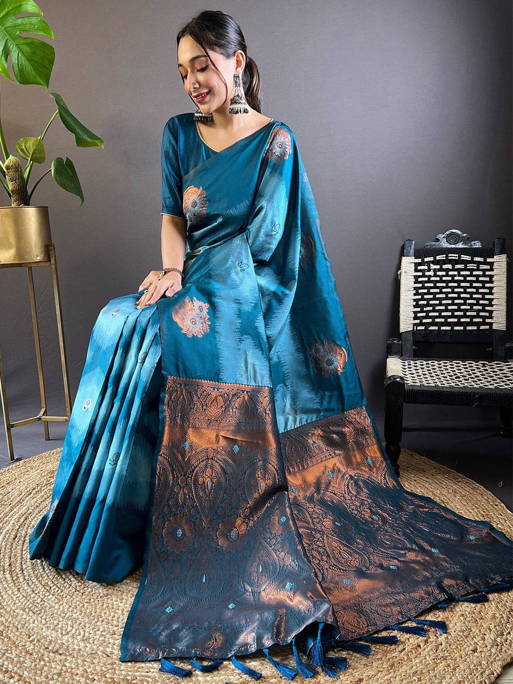 Blue Tussar Silk Ikkat Weaving Saree