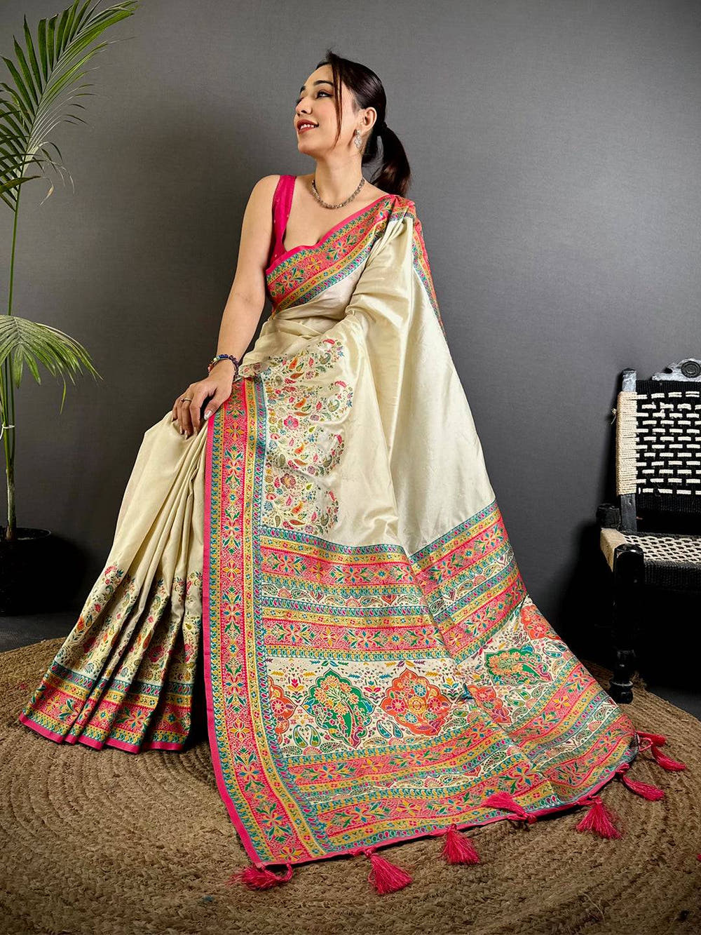 Cream Kashmiri Pashmina Semi Silk Saree