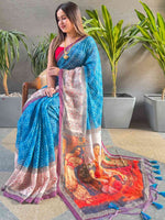 Blue Colour Geometric Print Saree With kalamkari Print Design