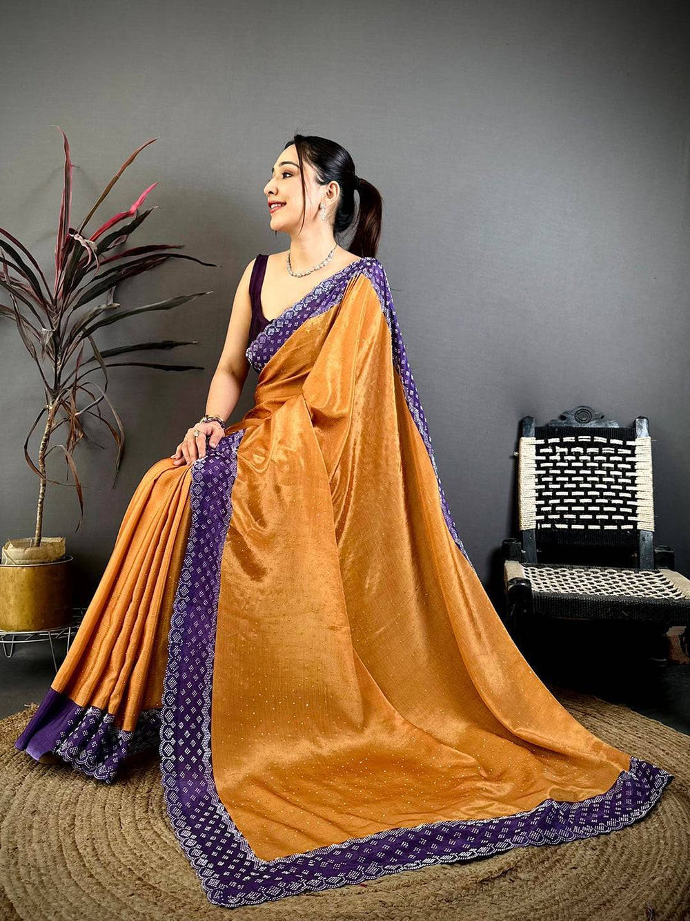 Yellow Poly Chiffon Diamond Stone Work Saree