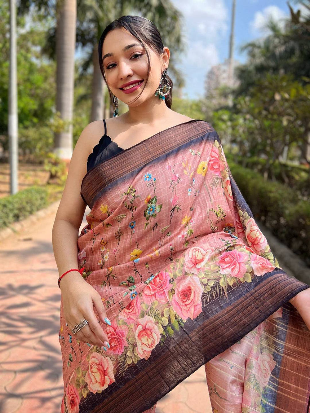 Peach Soft Silk Copper Zari Weaving Digital Floral Saree