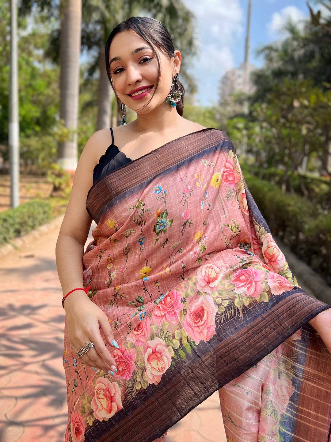 Peach Soft Silk Copper Zari Weaving Digital Floral Saree