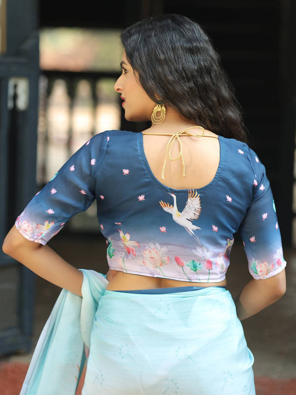 Satin Georgette Aqua Colour Hand Print Saree - Luxe
