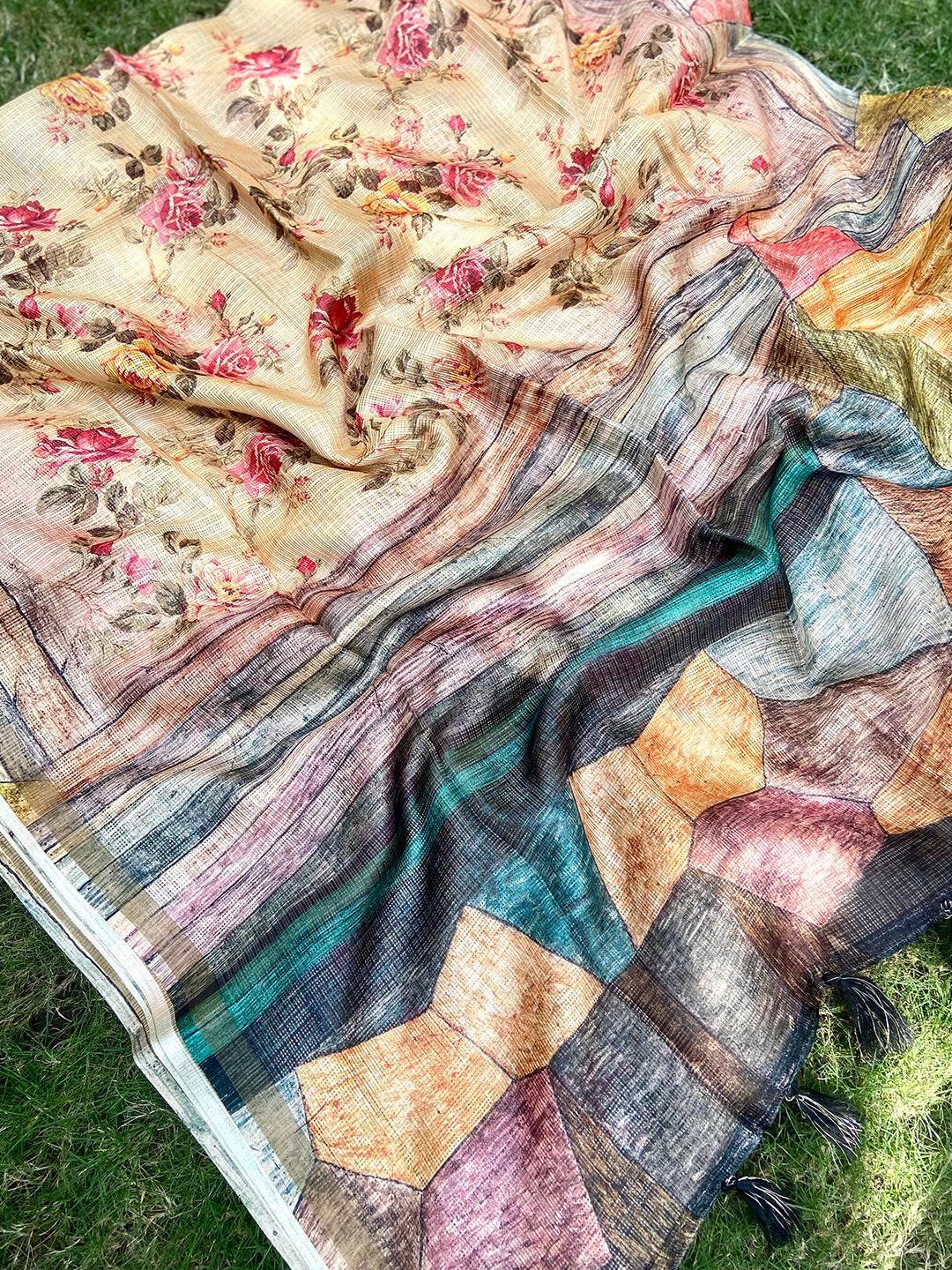 Cream Colour Soft Kota Doriya Silk Saree With Flower & abstect Prints