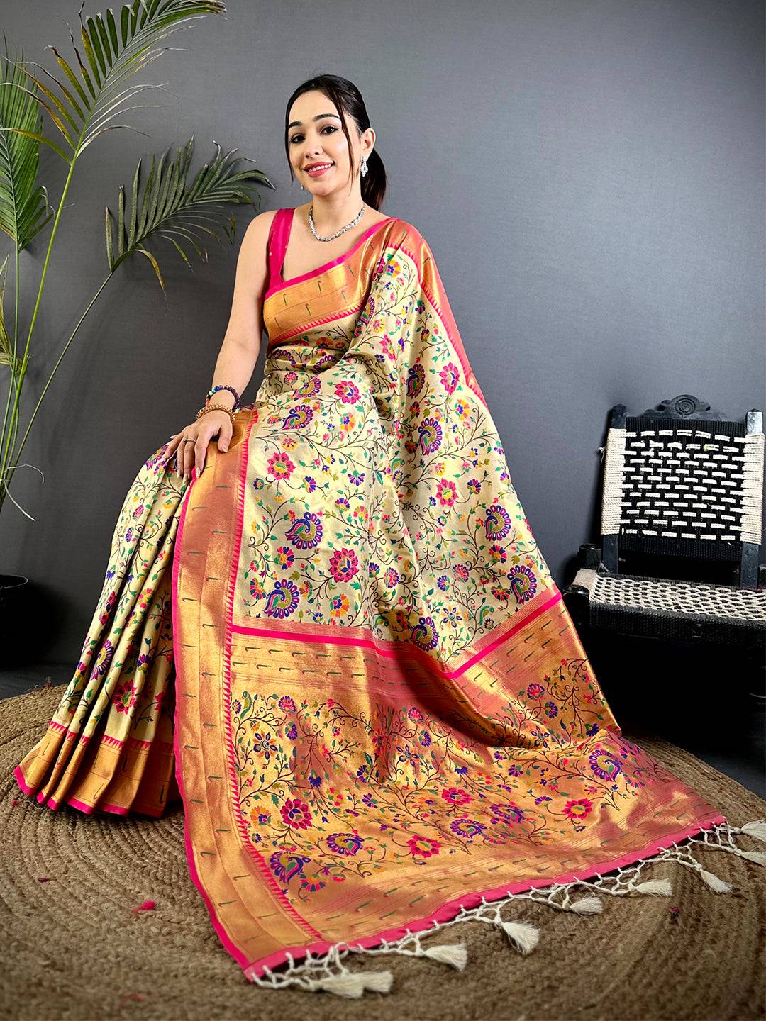 Cream Minakari Weave Soft Paithani Saree