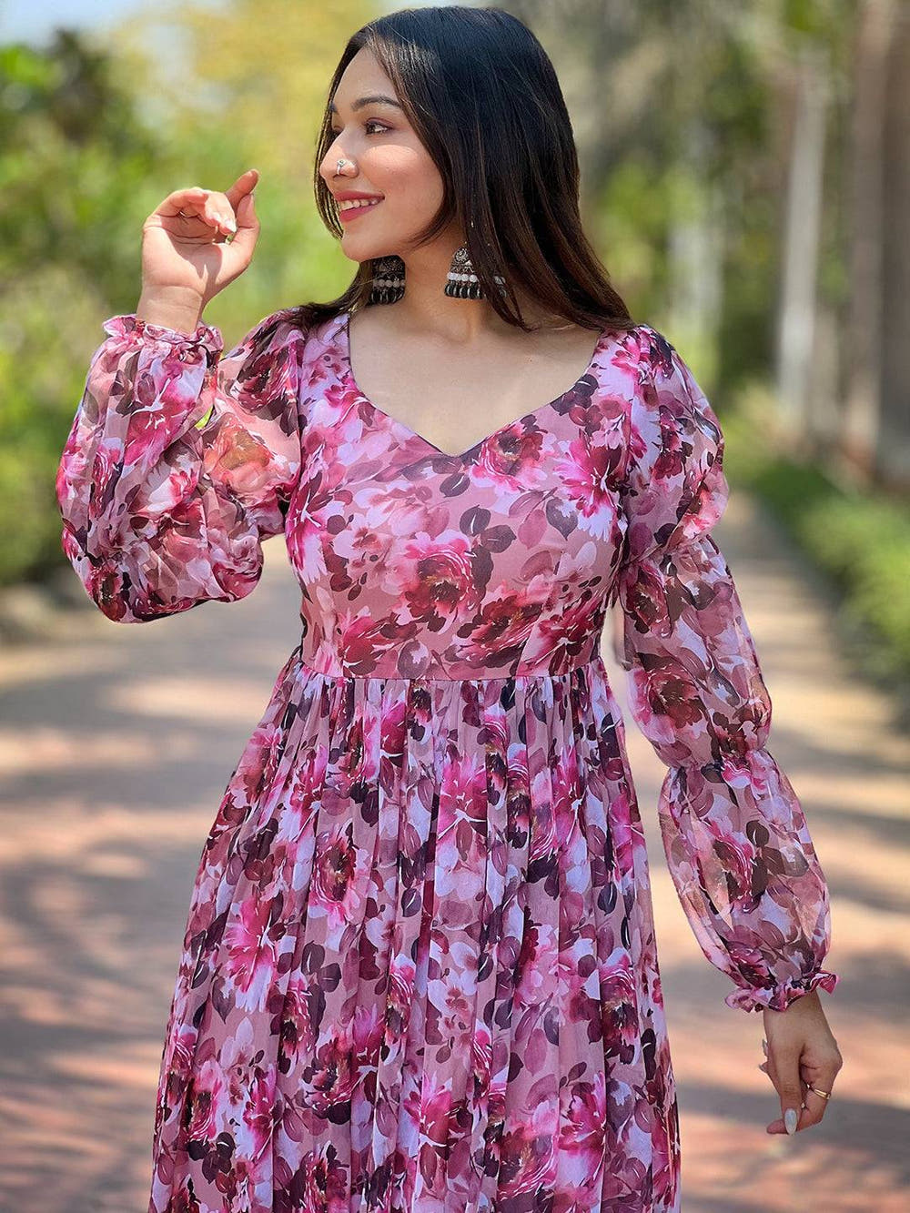 Wine Floral Bundl Print Dress