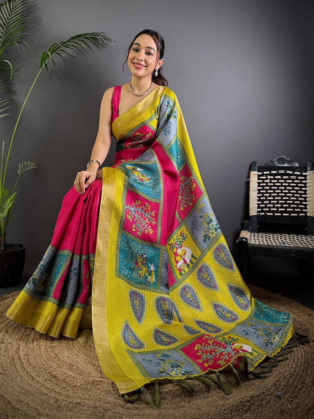 Magenta Tussar Kalalmkari Print Saree