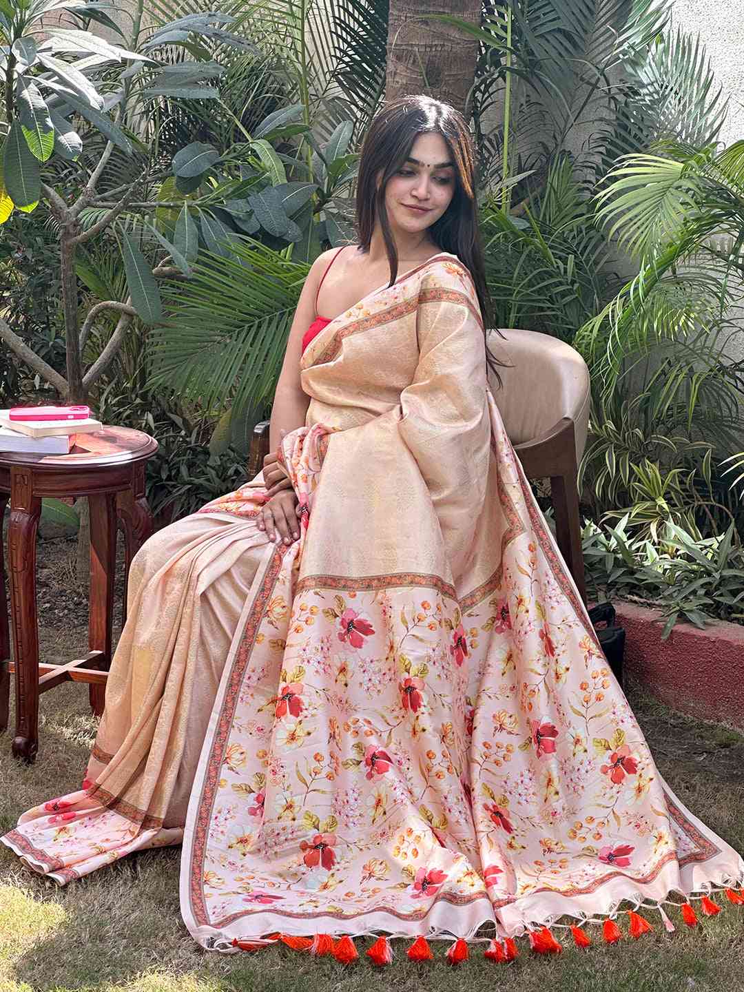Peach Banarasi Kanjivaram Floral Print Saree