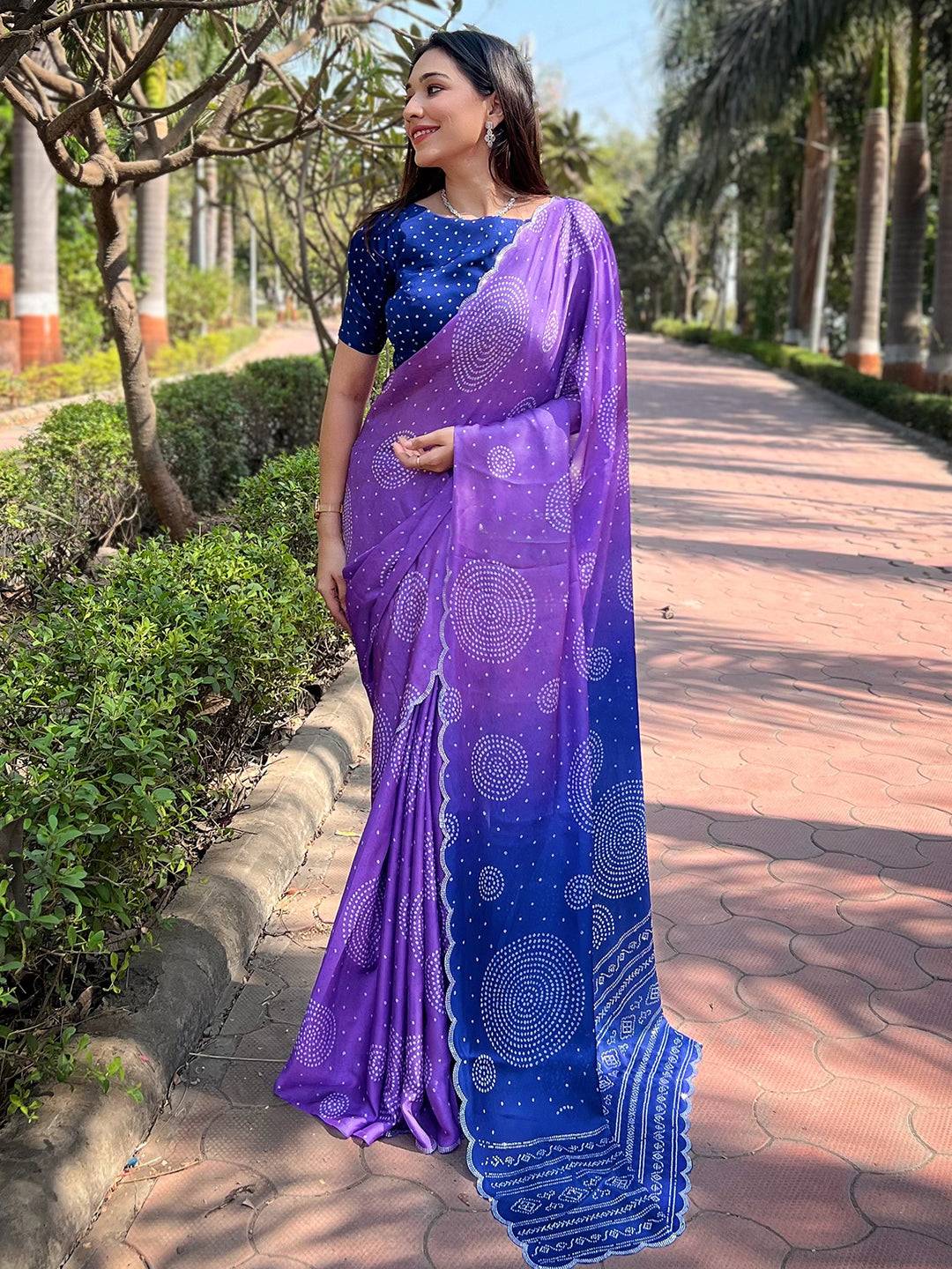 Lavender Ombre Bandhej Georgette Silk Saree