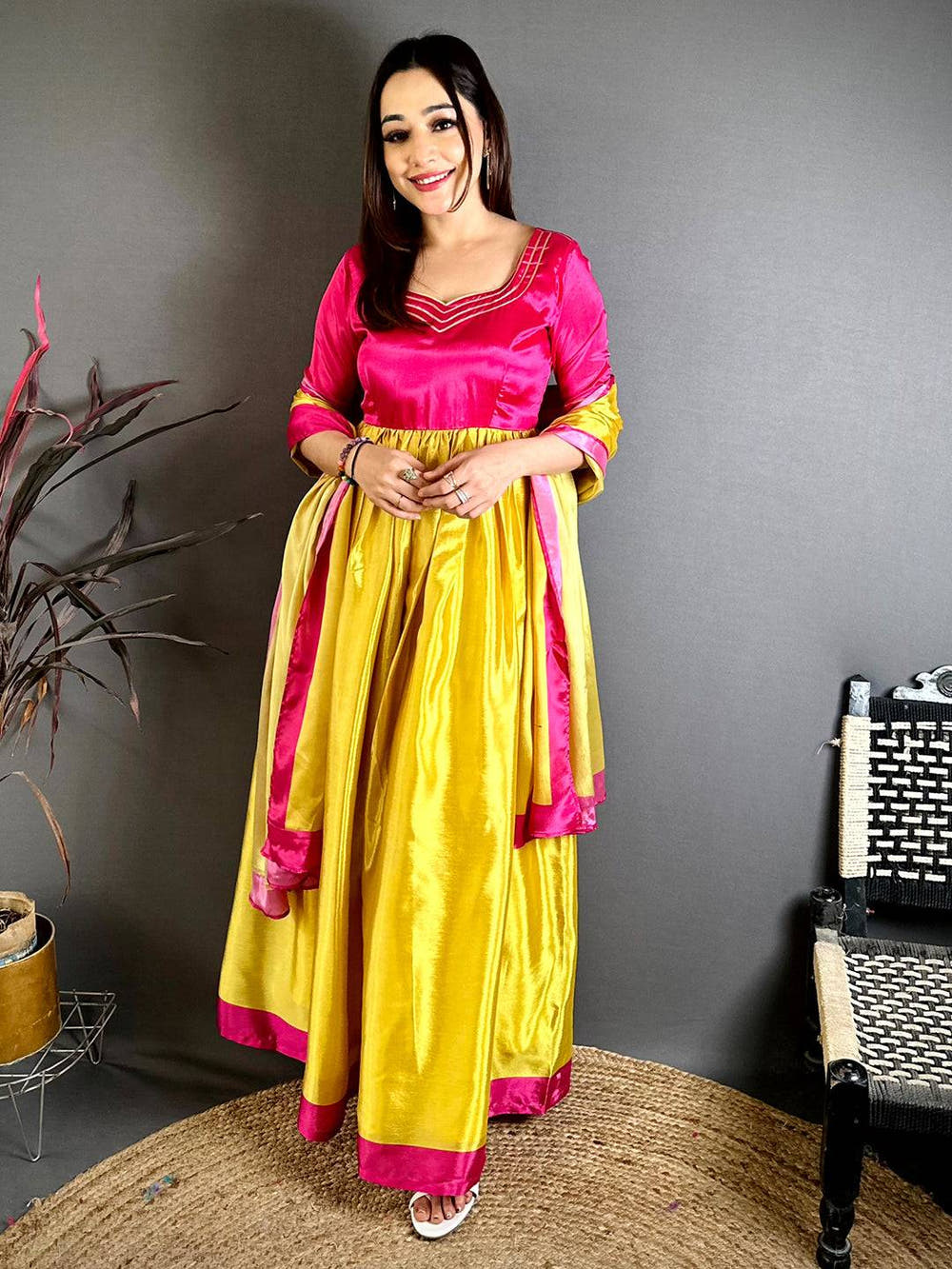 Royal  Paan  Neck  Chiffon  Dress