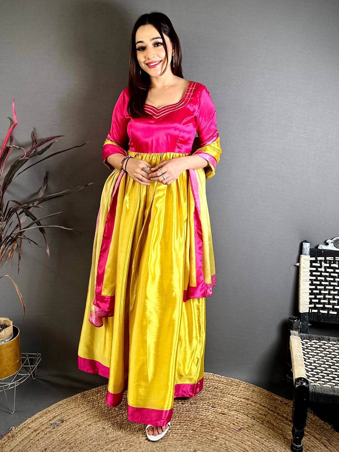 Royal  Paan  Neck  Chiffon  Dress
