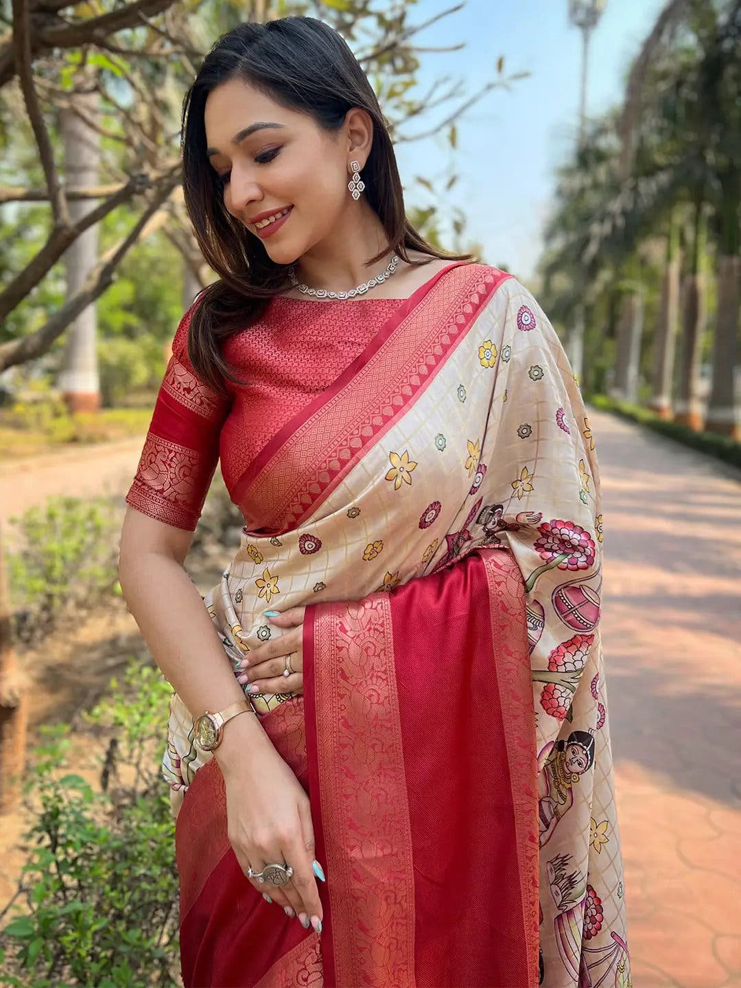 Chiku Colour Double Border Chex Weaving Banarasi Soft Silk Saree