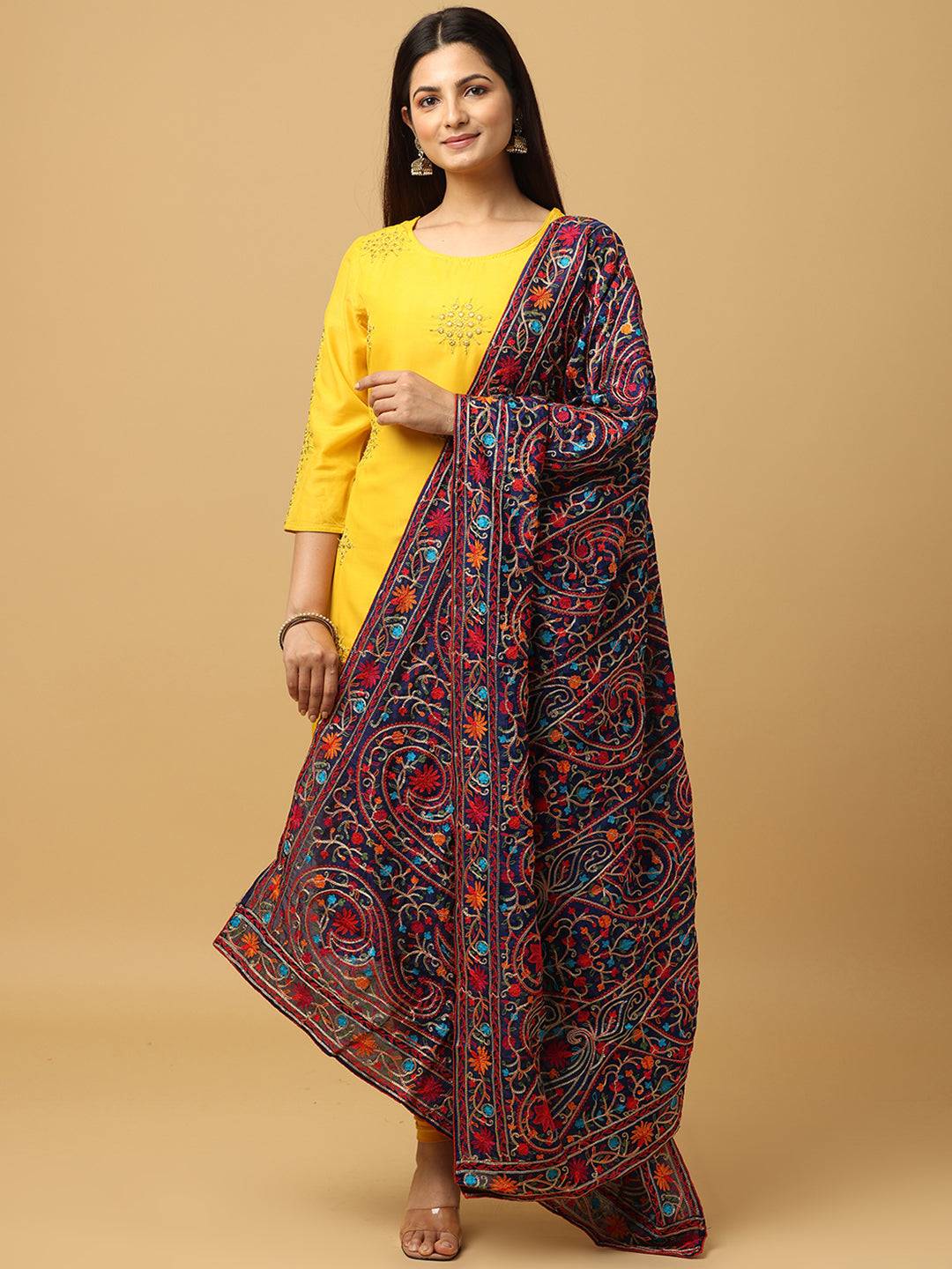 Navy Vivid Multicolour Pashmina Dupatta