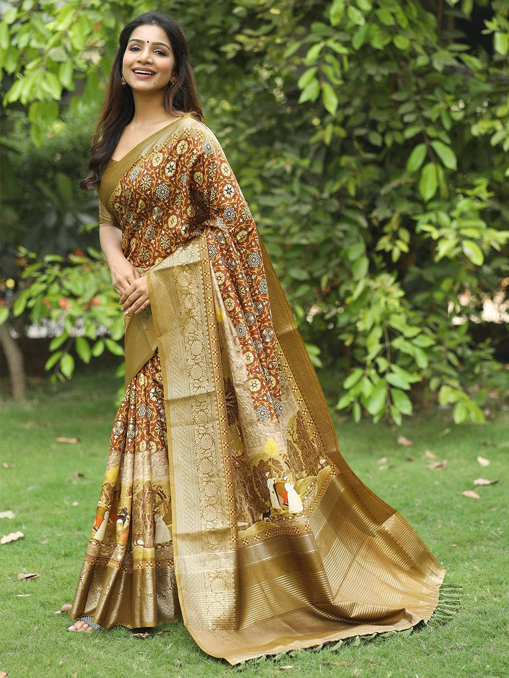 Brown Ajrak Block & Hand Kalamkari Printed Pure Viscose Dola Silk Saree - Luxe