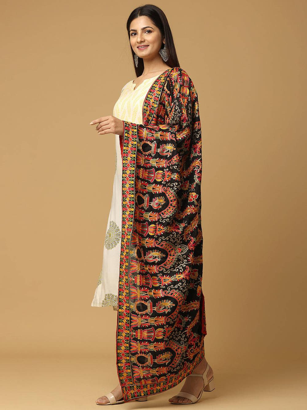 Black Rust Paisley Band Pashmina Dupatta
