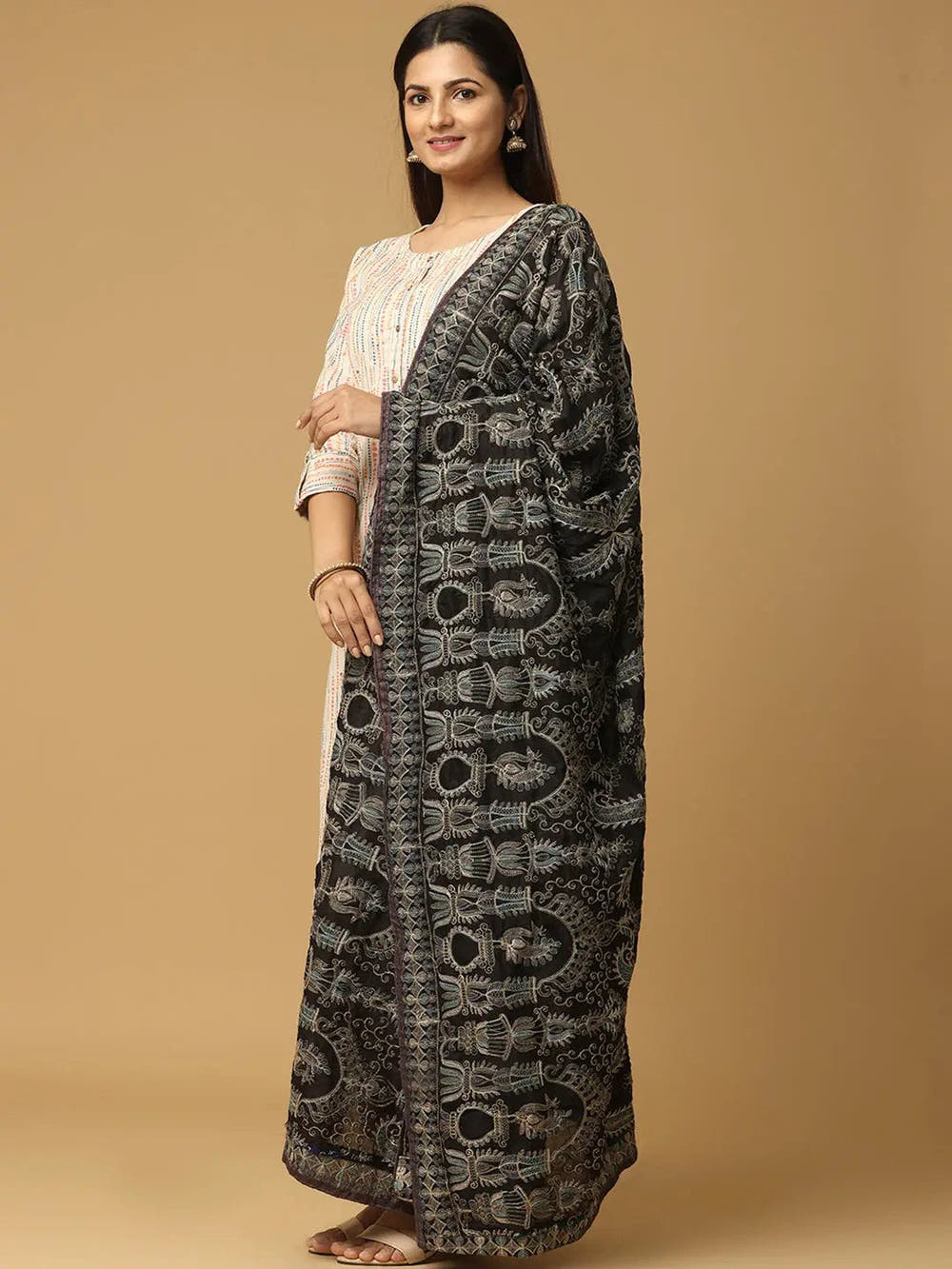 Black Silver Ornate Paisley Pashmina Dupatta