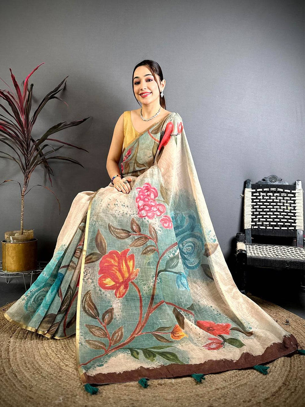 Sea Green Gold Zari Linen Chanderi Saree