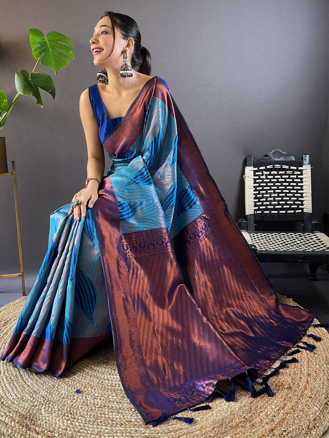 Royal Blue Tussar Silk Zari Weaving Ikkat Saree
