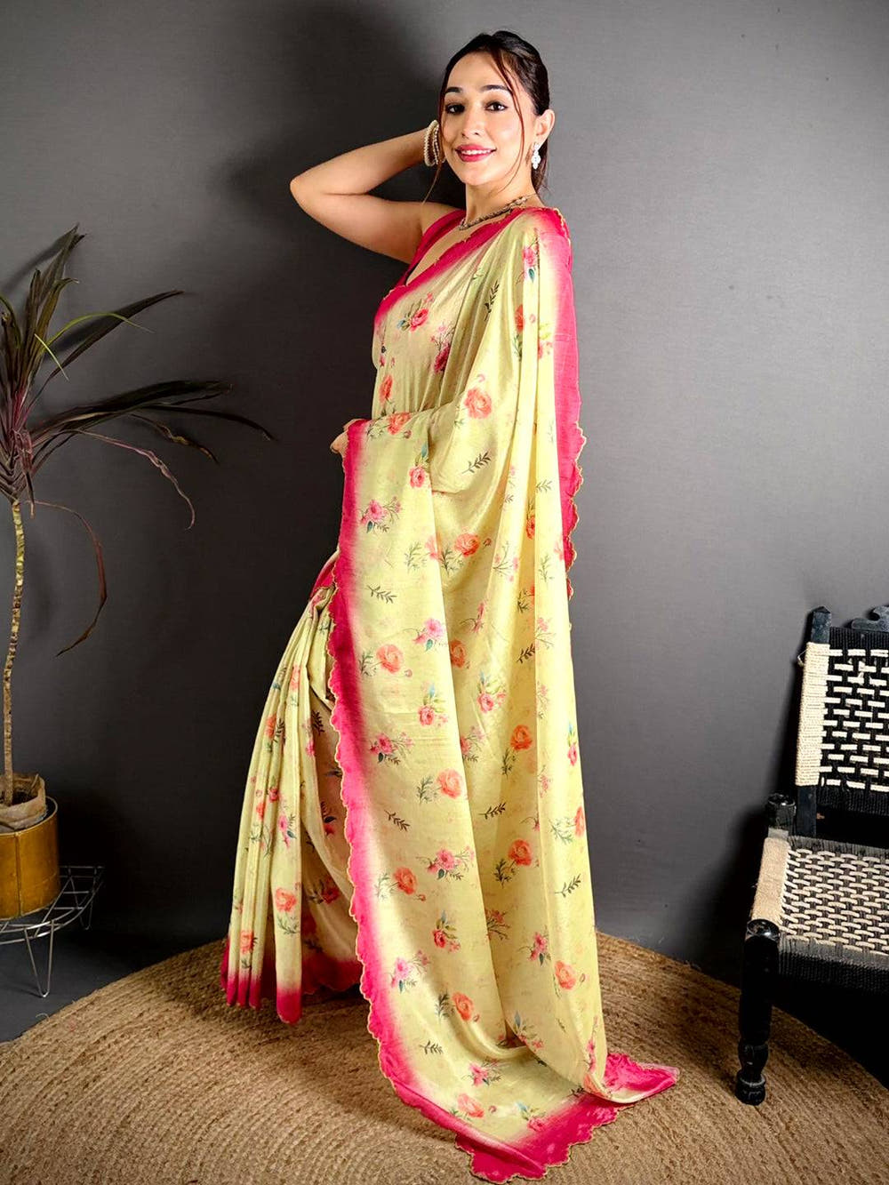 Yellow Chinnon Embroidered Border Saree