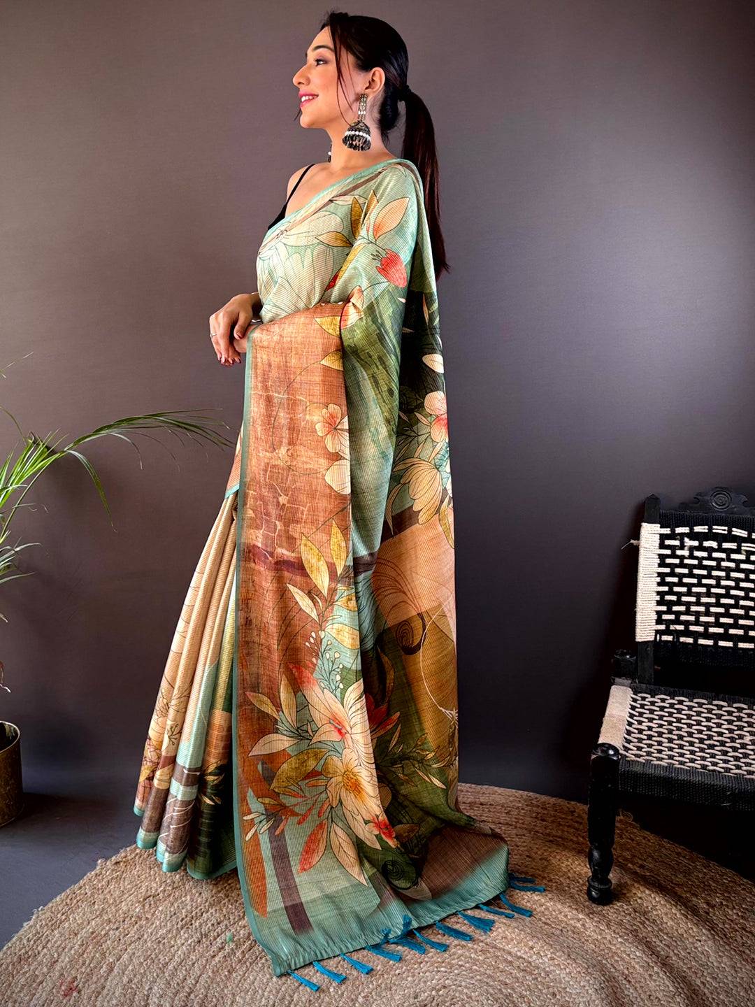 Rama Blue Zari Tussar Floral Saree