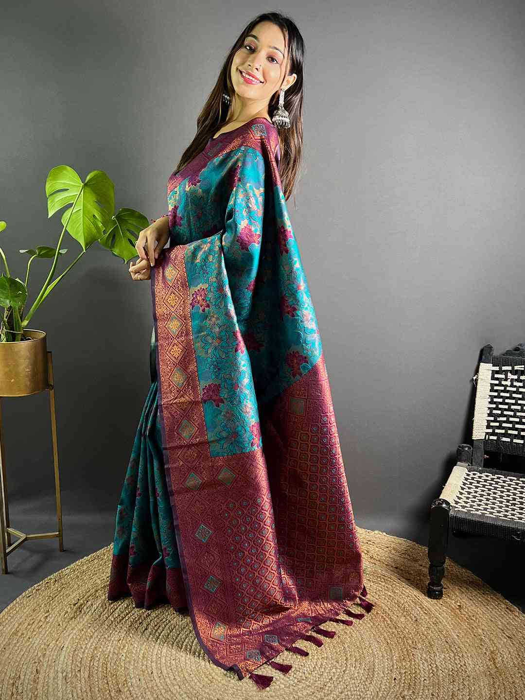Teal Soft Silk Butta Weaving Saree