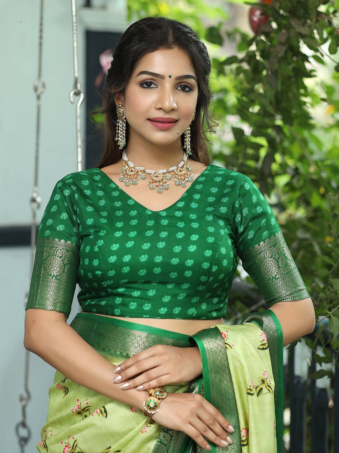 Pichwai Print Zari Weaving Pallu Saree In Light Green Colour - Luxe