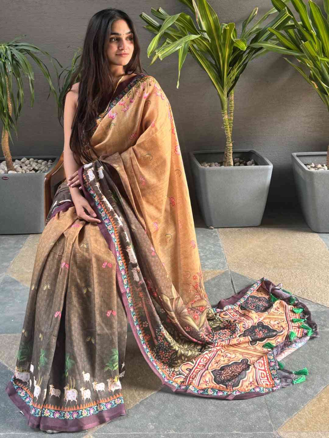Soft Linen Ombre Pichwai Printed Brown Colour Saree