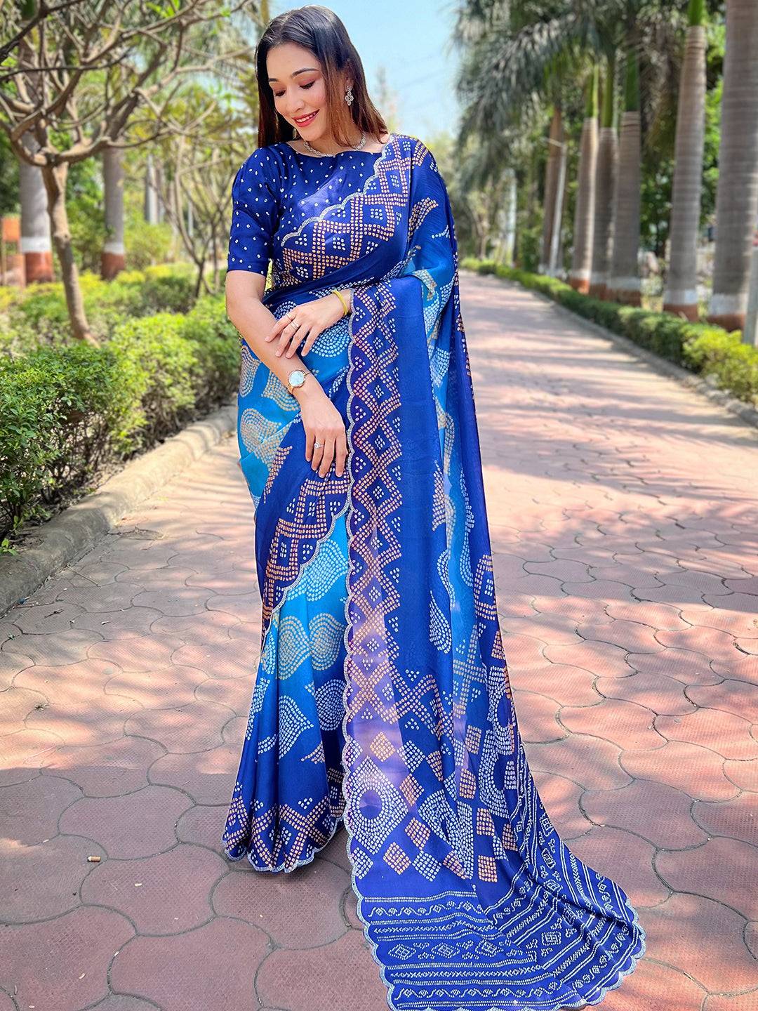 Blue Ombre Bandhej Georgette Silk Saree