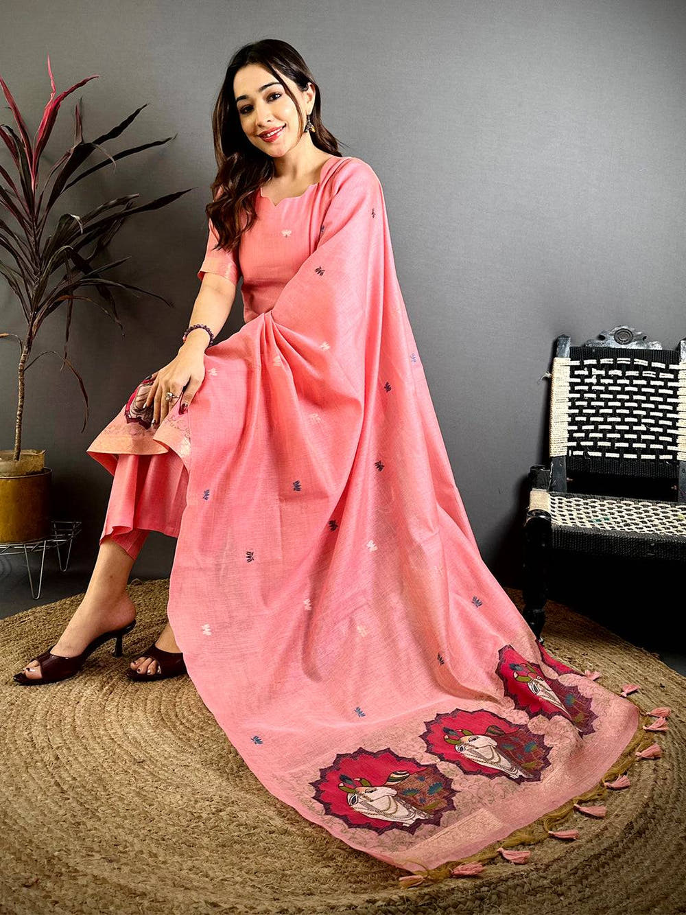 Coral  Pink  Floral  Weave  Dress