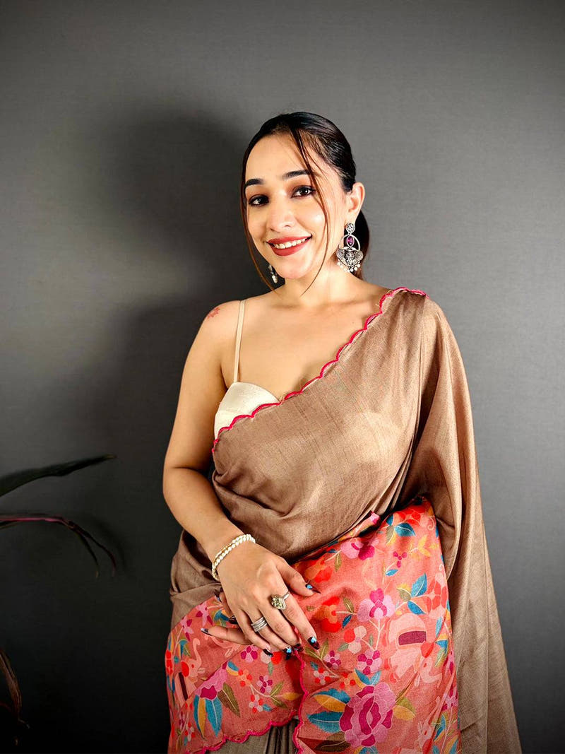 Brown Bird Print Tussar Festive Saree