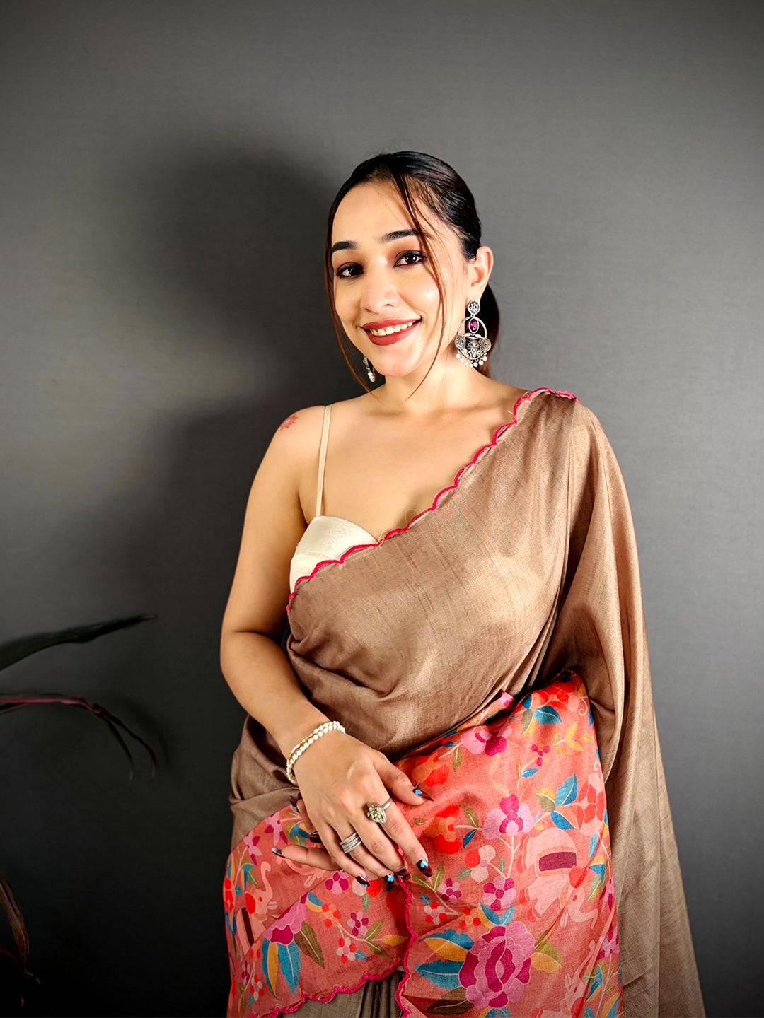 Brown Bird Print Tussar Festive Saree