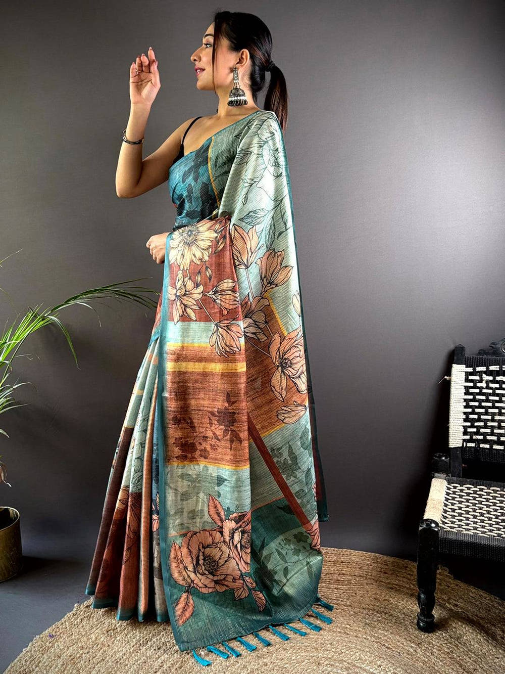Teal Semi Gold Zari Tussar Saree
