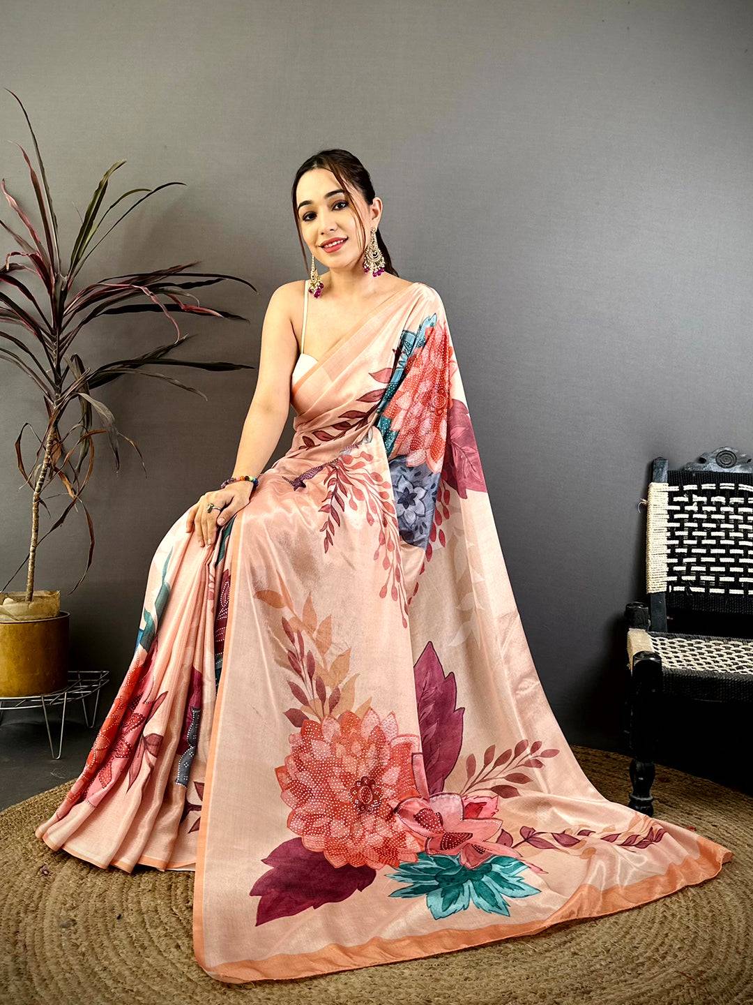 Peach Soft Chiffon Floral Stone Work Saree