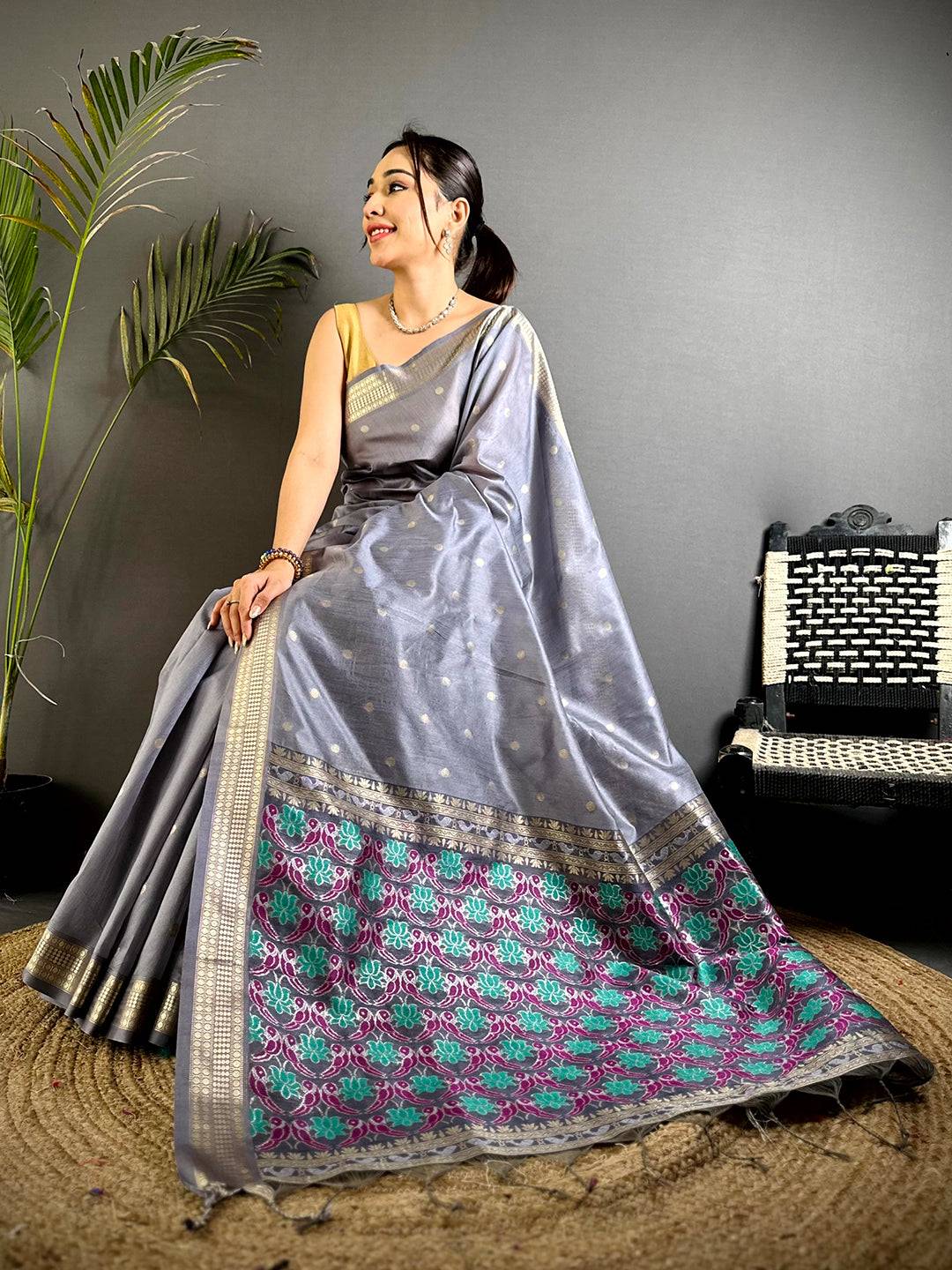 Grey Minakari Paithani Raw Silk Saree