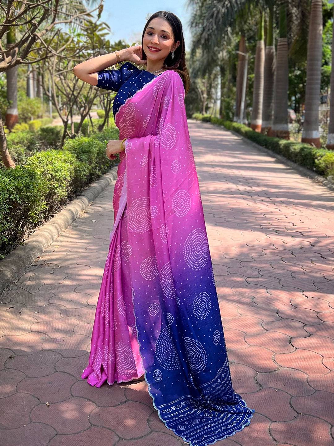 Pink Ombre Bandhej Georgette Silk Saree