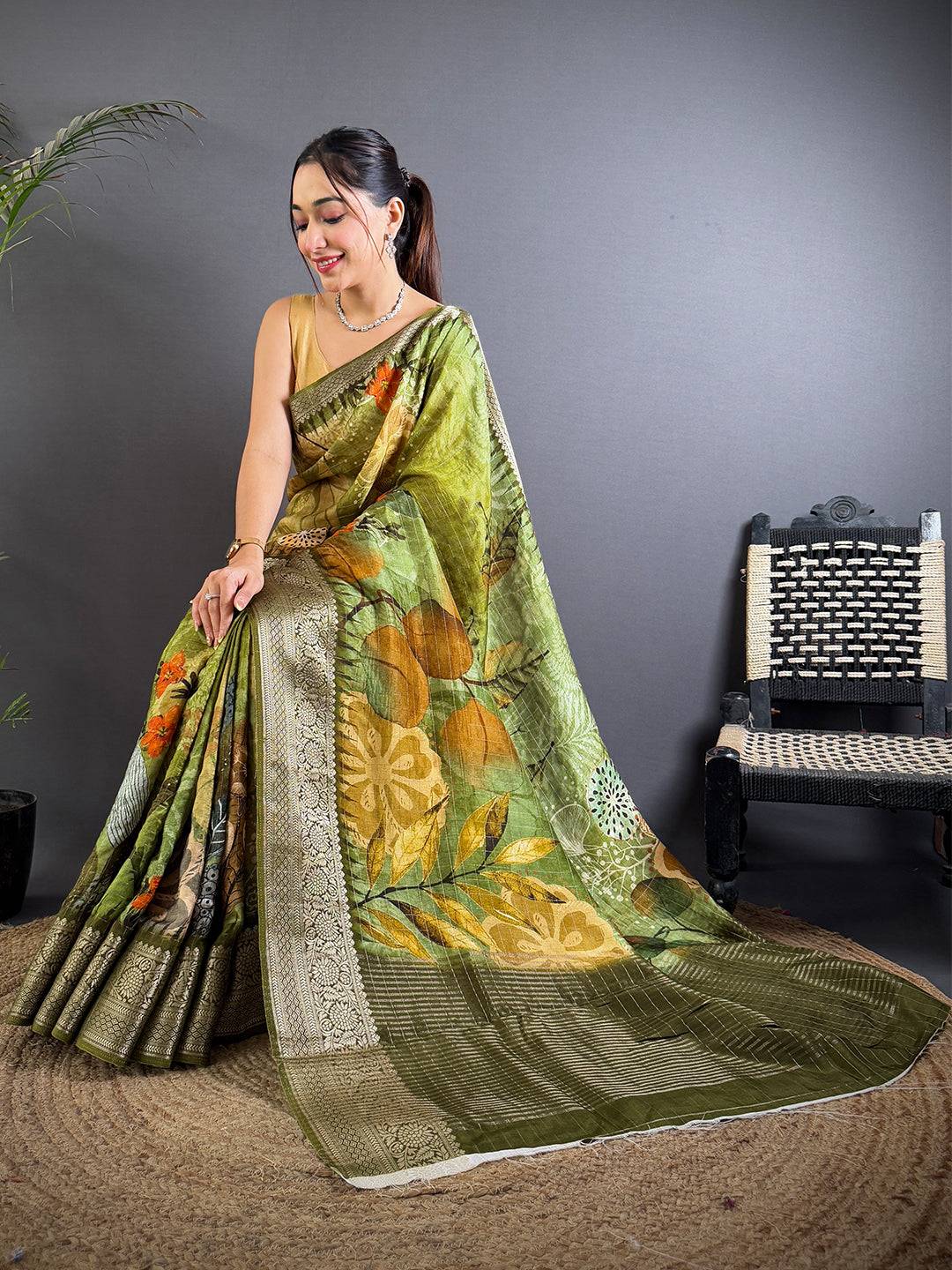Serene Olive Floral Elegance Saree