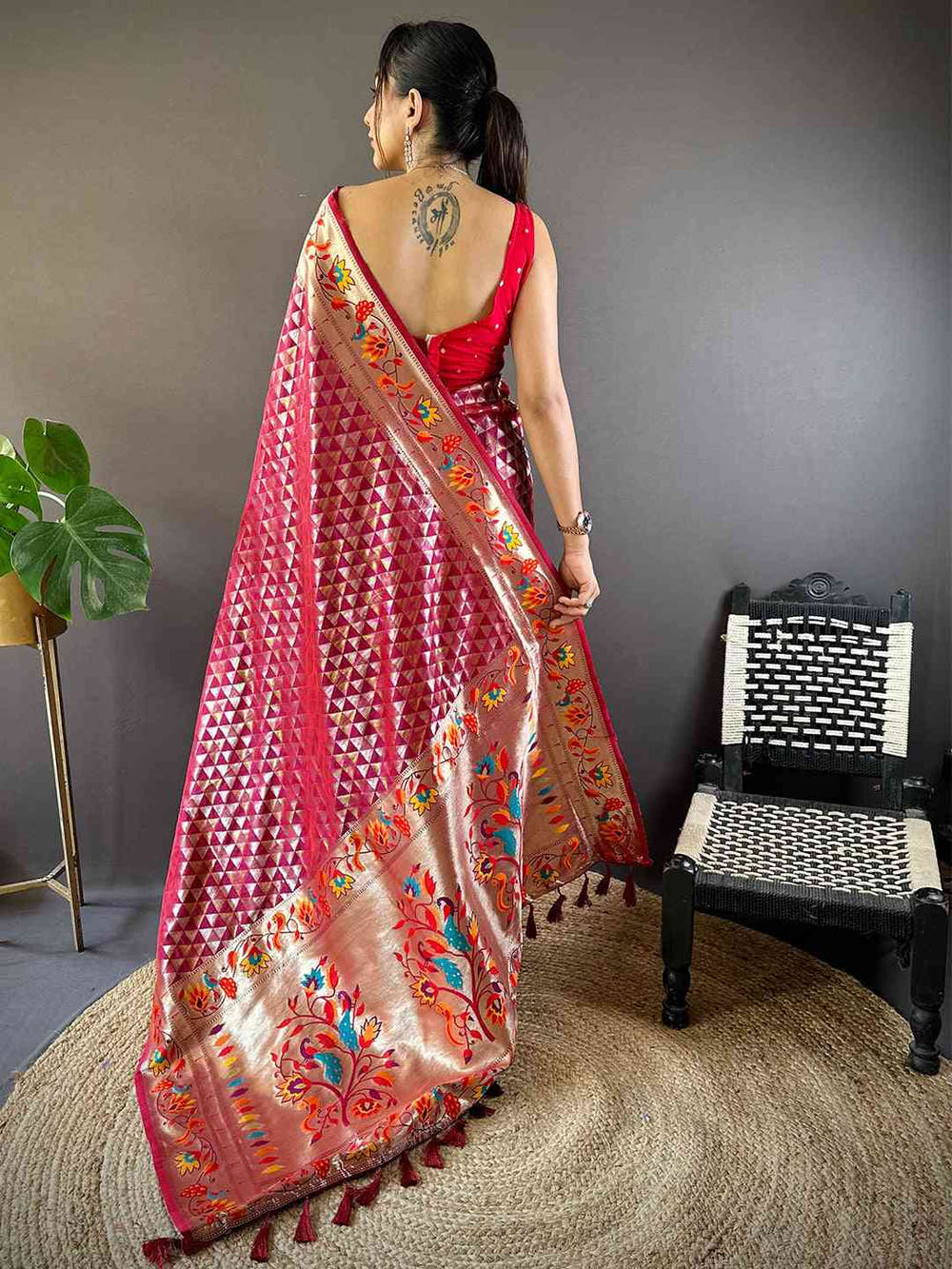 Maroon Silk Blend Woven Zari Work Paithani Saree