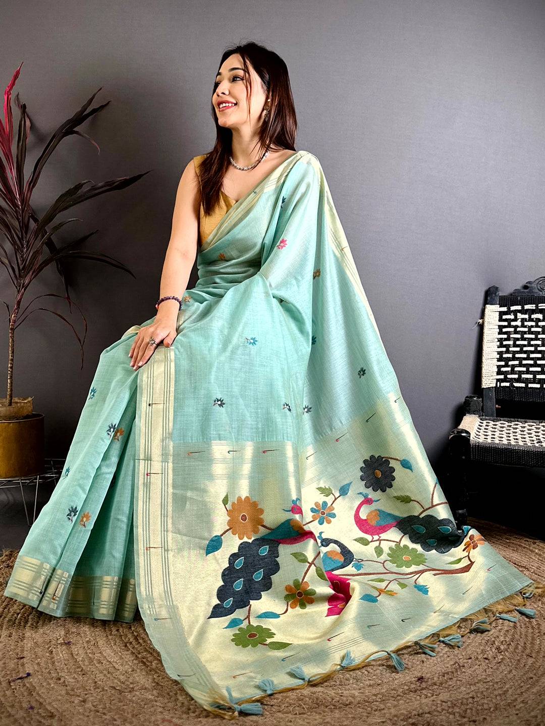 Sky Blue Munia Minakari Khadi Saree