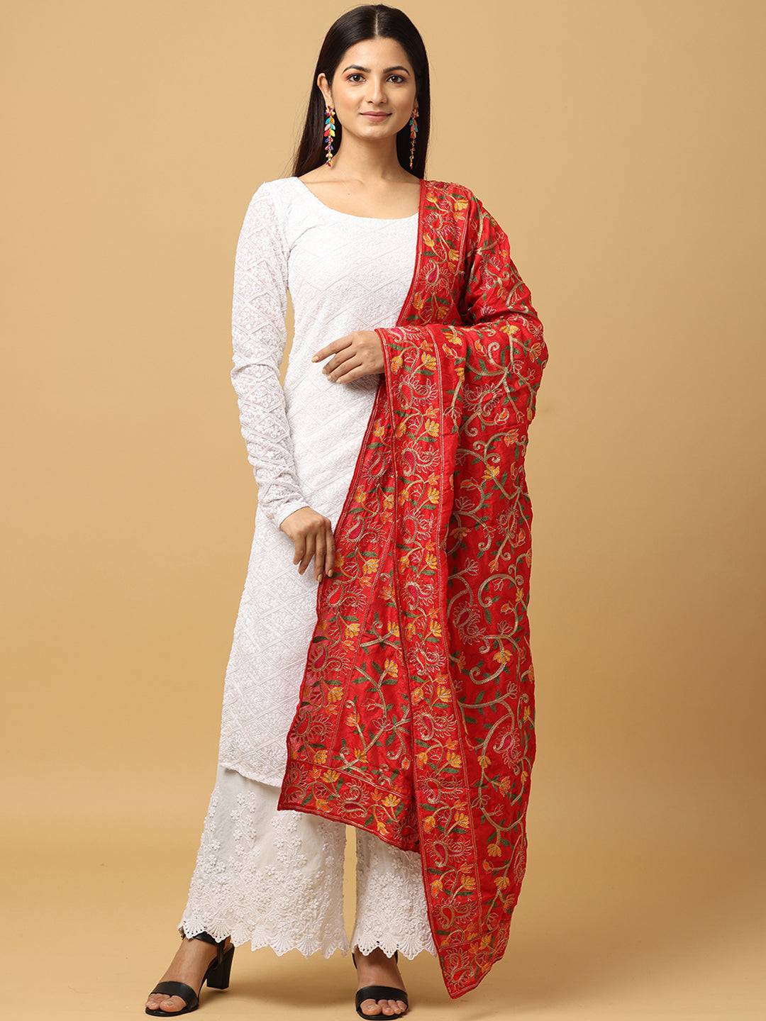 Red Scattered Floral Pashmina Dupatta